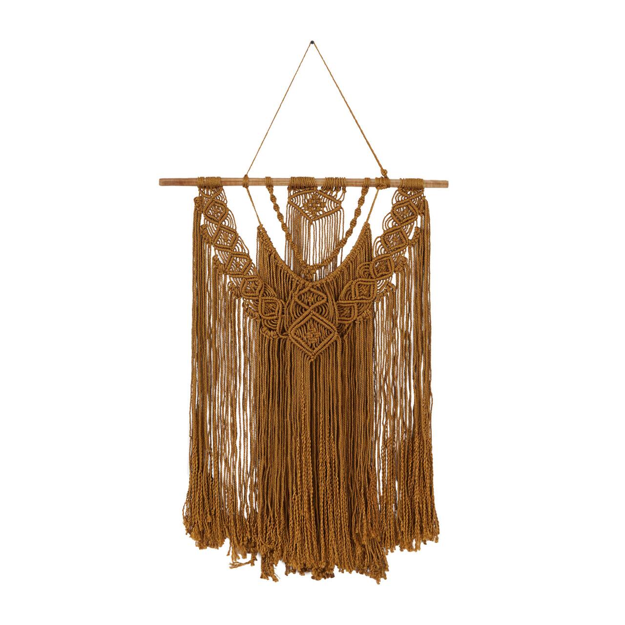 Brown Fabric Handmade Intricately Weaved Macrame Wall Decor with Beaded Fringe Tassels 27" x 1" x 49"